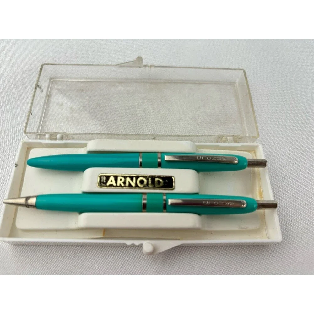 2‎ Vintage Arnold Pen & Pencil ? Combos Set USA Mint Green In Plastic Case